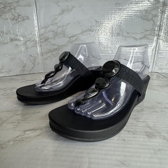 Aetrex Sandals Womens Size 10 Black Elyse Wedge Thong Jeweled Comfort FW170W - Picture 1 of 10